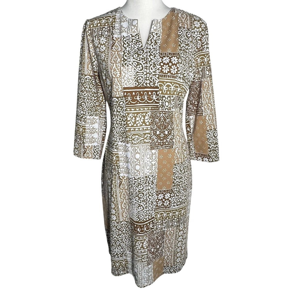 J. MCLAUGHLIN Women's Medium Tan Paisley Patchwork Print 3/4 Sleeve Sheath Dress